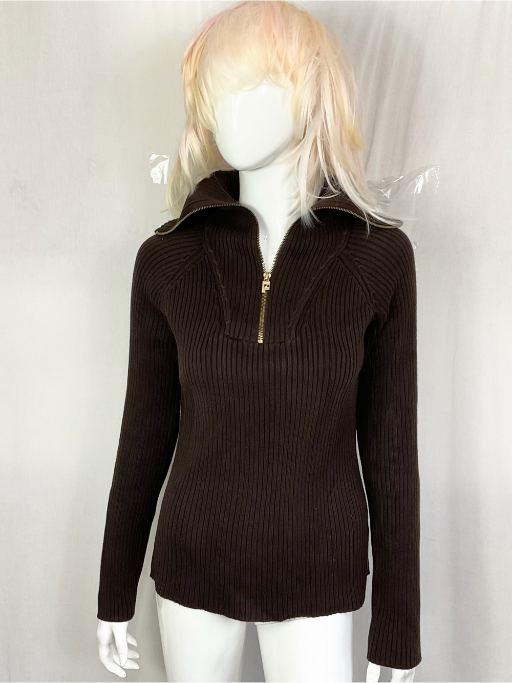 Lauren Ralph Lauren Brown Quarter Zip Knit Ribbed Sweater Size M - Picture 8 of 12